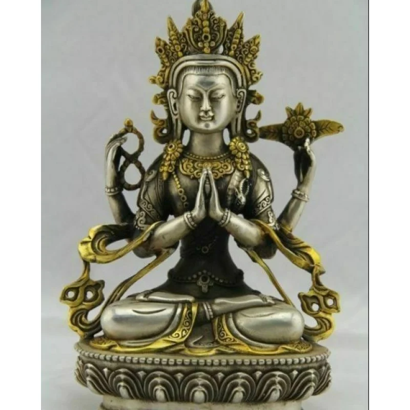 

Tibet Tibetan Buddhism Silver Bodhisattva Four arm Kwan Yin Buddha Statue