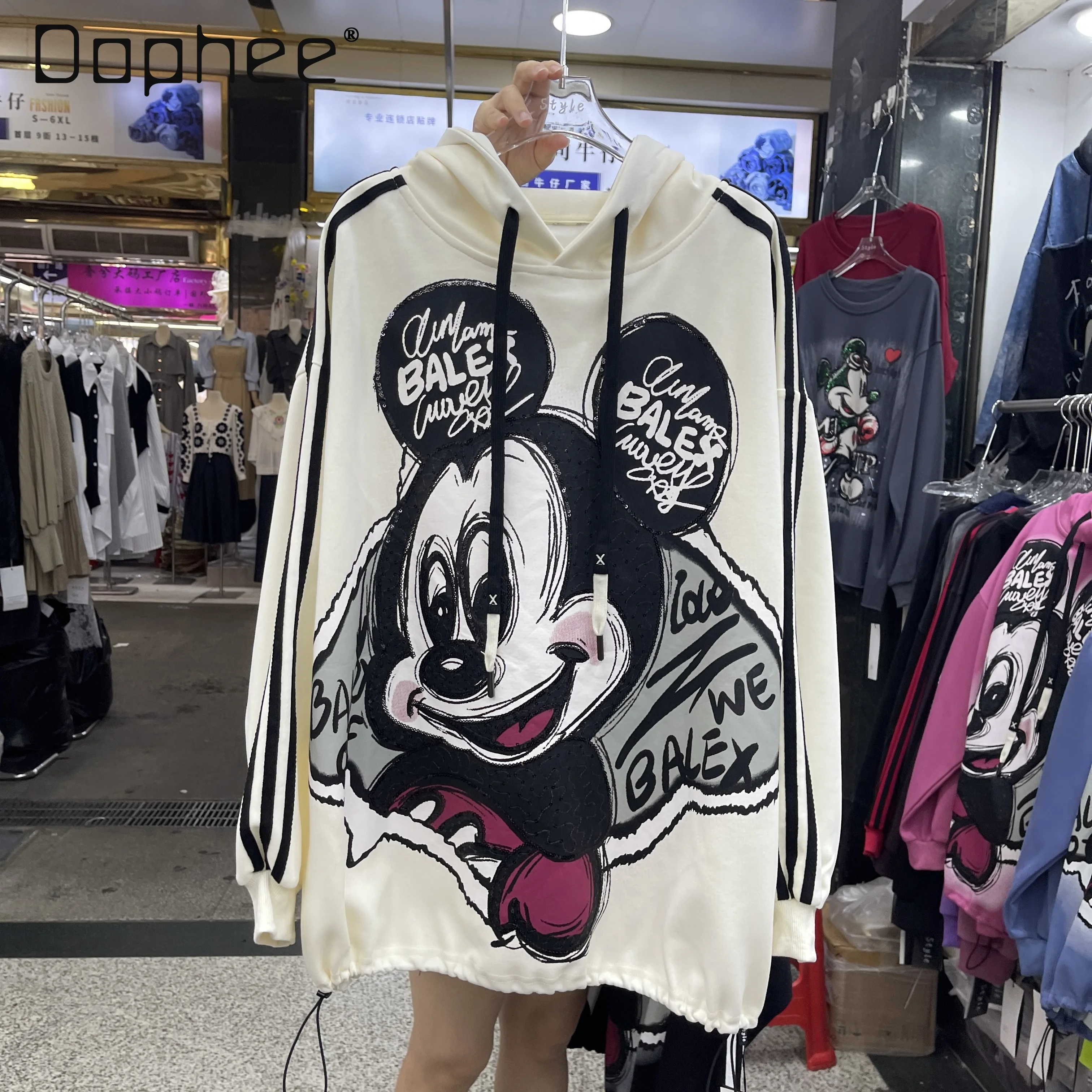 European Style Trendy Heavy Craft Cartoon Print Hoodie with Sequin Embroidery Design Loose Casual Versatile Top Anime Hoodie