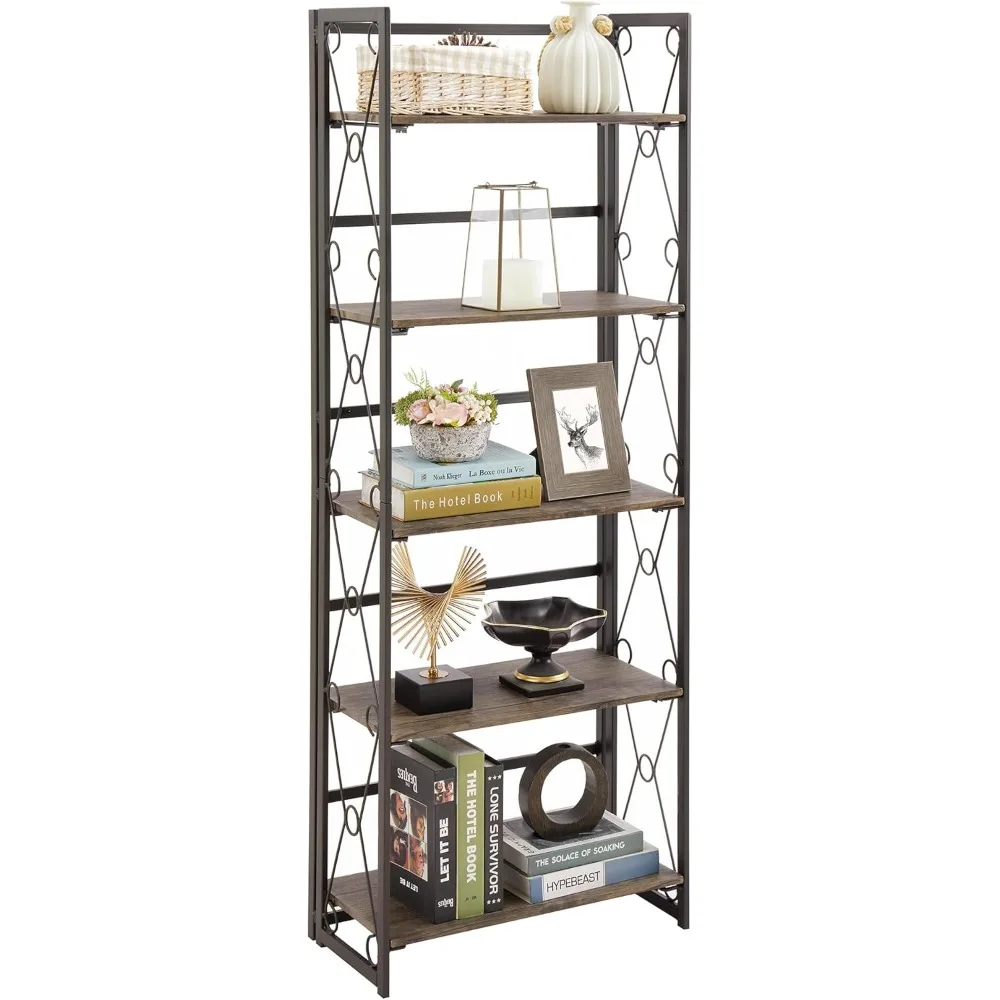 

5-Tier Bookcase Foldable, Industrial Tall Book Shelf Storage Organizer with Collapsible Metal Frame for Living Room/Home