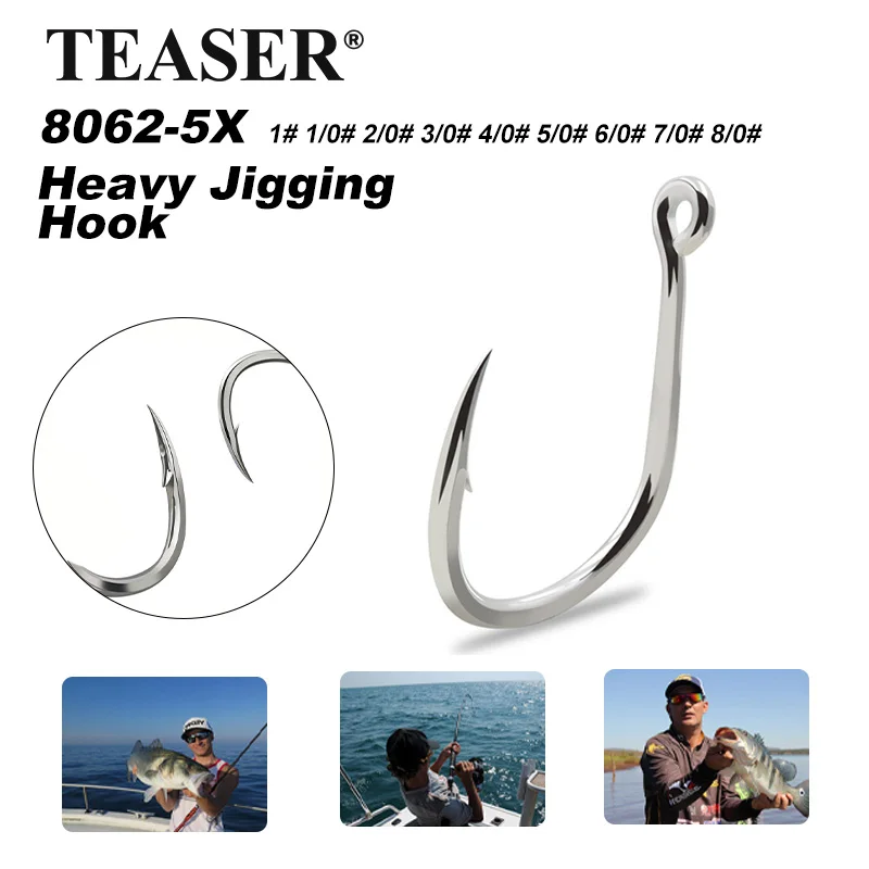 TEASER 10 Stück/Beutel 8062 5X 1 #   1/0-8/0 Hochkarbon-Stahl Schwerer Jigging-Haken Salzwasser Big Game Power Fishing Einzelhaken