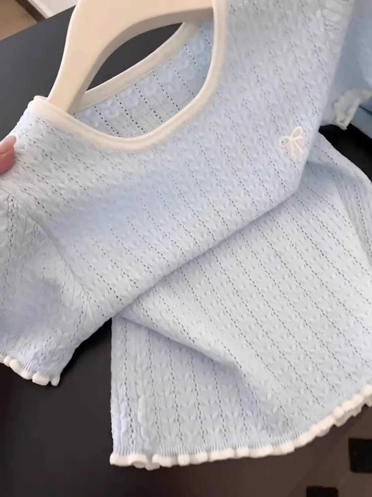 

Blue Hollow Ice Silk Knitted ort Sve T-irt Women's Summer New Embroidered Knot Gentle oulder Top