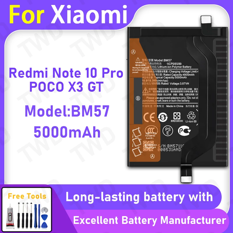

100% New 5000mAh BM57 Battery For XIAOMI Redmi Note 10 Pro/POCO X3 GT Replacement Bateria+Free Tools