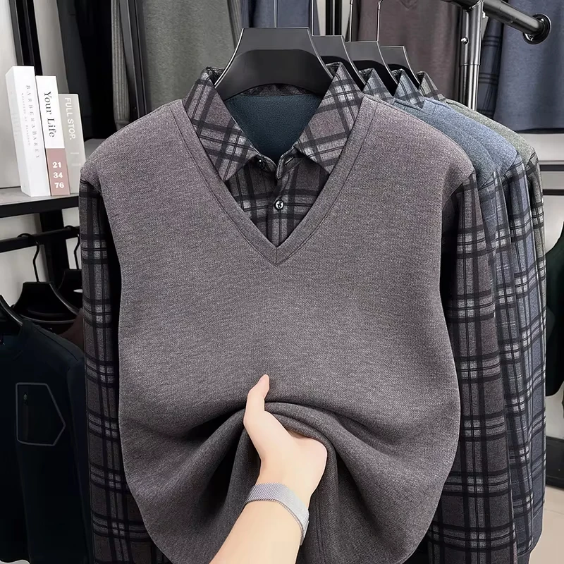 

Мужская термофлисовая рубашка-поло TFETTERS, зима 2026, с воротником в клетку из шерстяной смеси, теплая, из двухслойной ткани