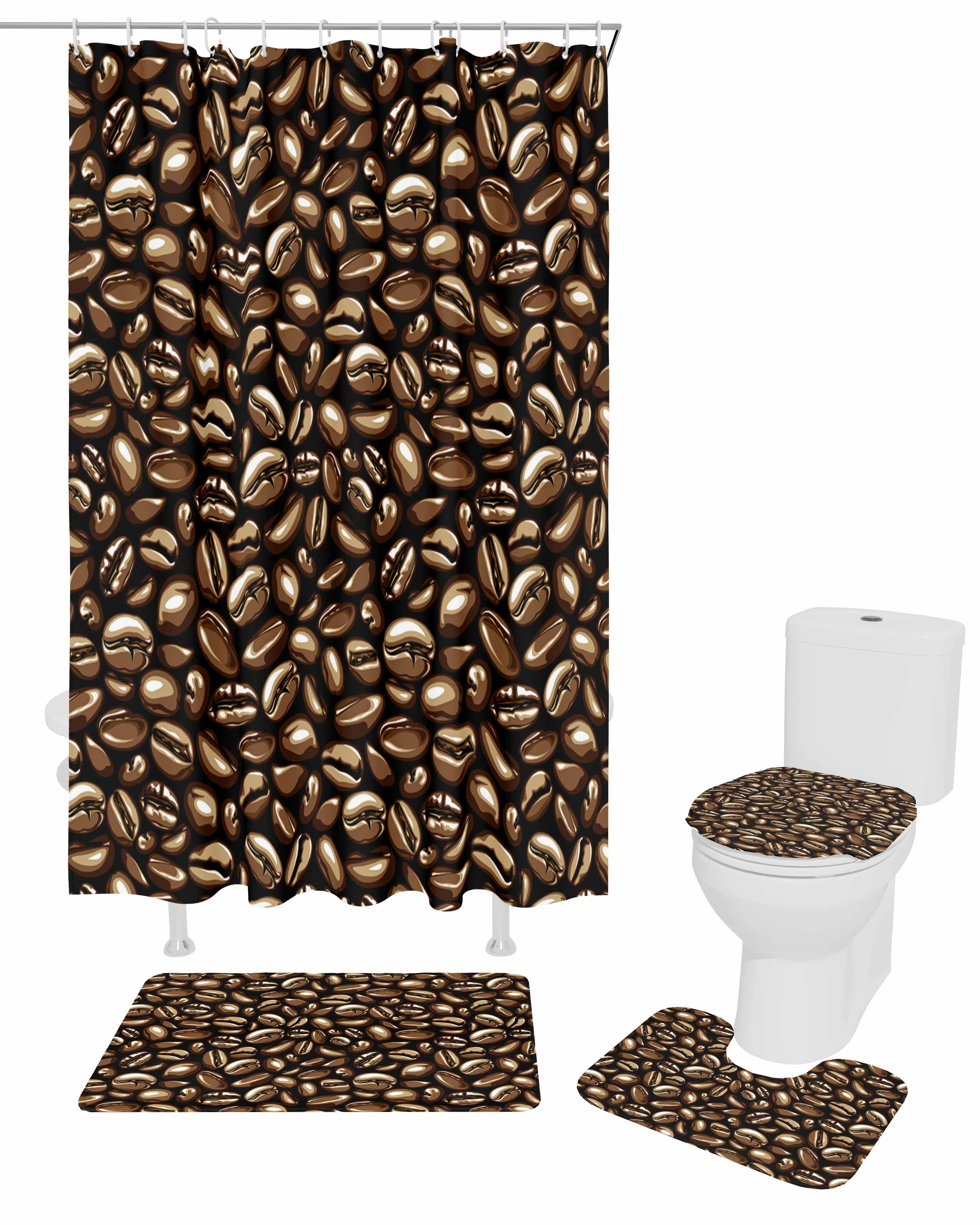 Coffee Bean Texture Shower Curtain Non-Slip Rugs Toilet Lid Cover and Bath Mat Bathroom Curtains with Hooks