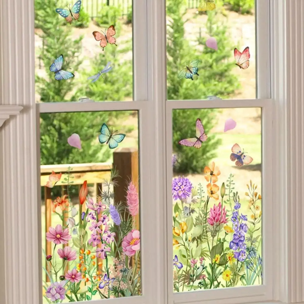 Double Sided Colorful Flowers Butterfly Wall Sticker Electrostatic Window Glass Sticker Visible Decorative Wall Decal - view 5