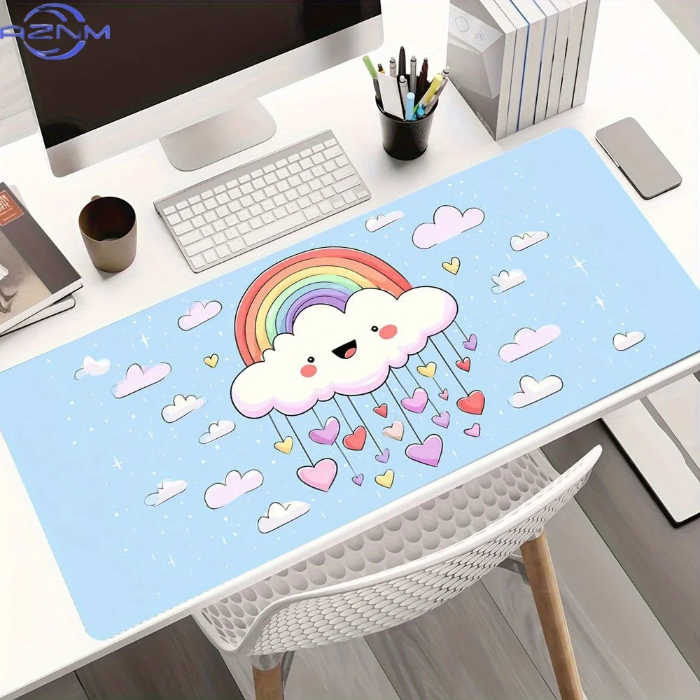 1pc Kawaii Cloud with Rainbow Heart Mouse Pad - Large Rubber Desk Mat for Office, Gaming, and Home Decor, Rectangular Keyboard a