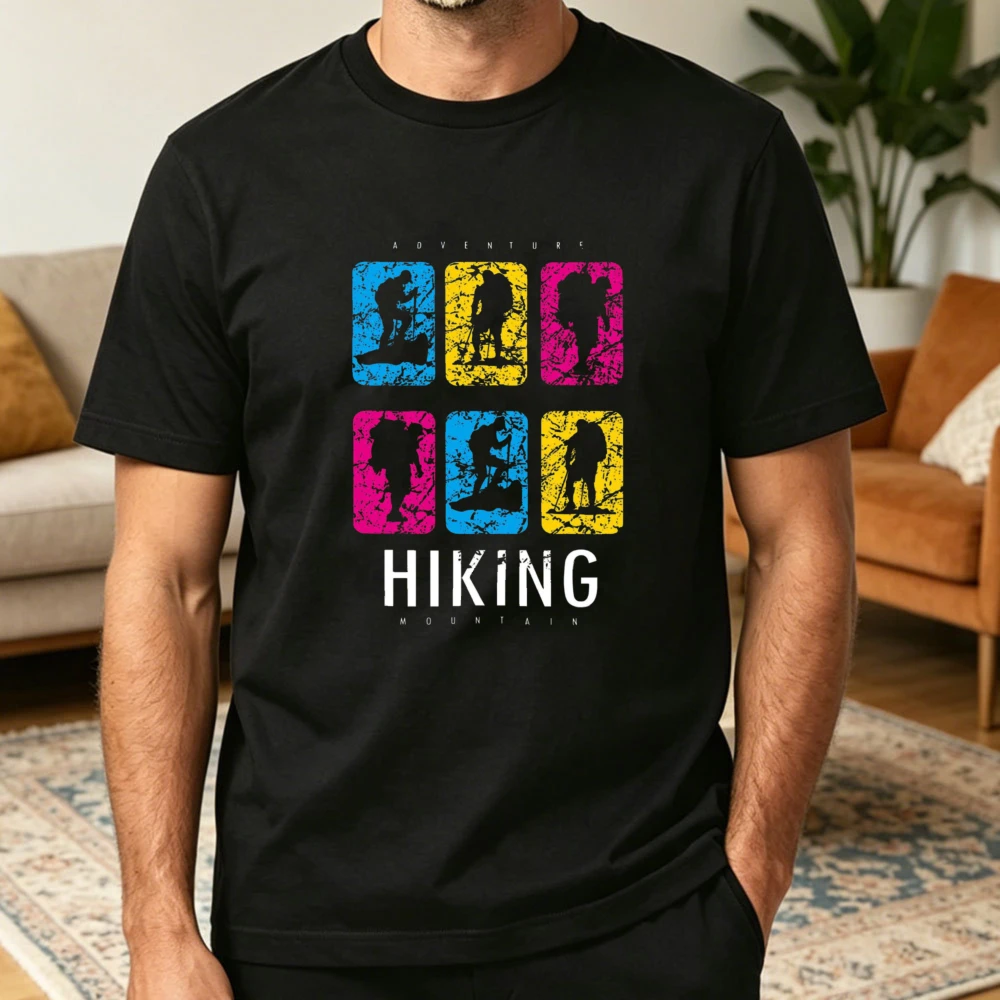 Modern Grid Outdoor Adventure Art T Shirt Men Hiker Silhouette Color Block Frame Simple Trekking Cotton Street Short Sleeve Tee