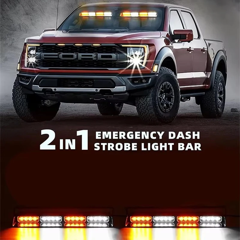 

2 in 1 32 LED Car Strobe Lights For Emergency Flash Warning Lamp Windshield Bar Police 26 Modes Amber White Auto Assembly 12/24V