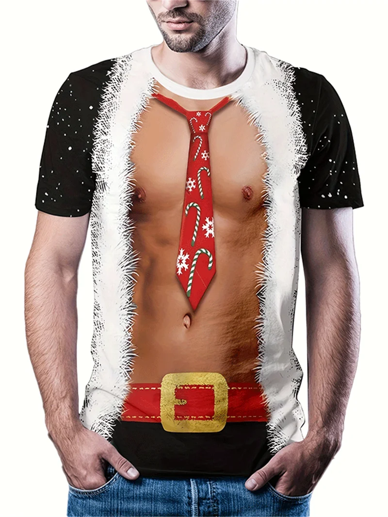 Lustiges Herren-Weihnachts-T-Shirt mit 3D-Muskel-Print, Weihnachtsmann-Anzug, Neuartiges Weihnachts-Party-Kurzarm-T-Shirt mit Rundhalsausschnitt, Verschiedene Stile – Detail 8