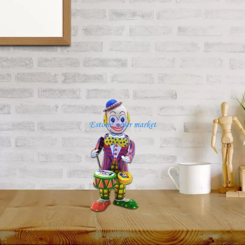 090B Nostalgic Wind Up Clown Drumming Figure Model Statue For Office Desk Ornament