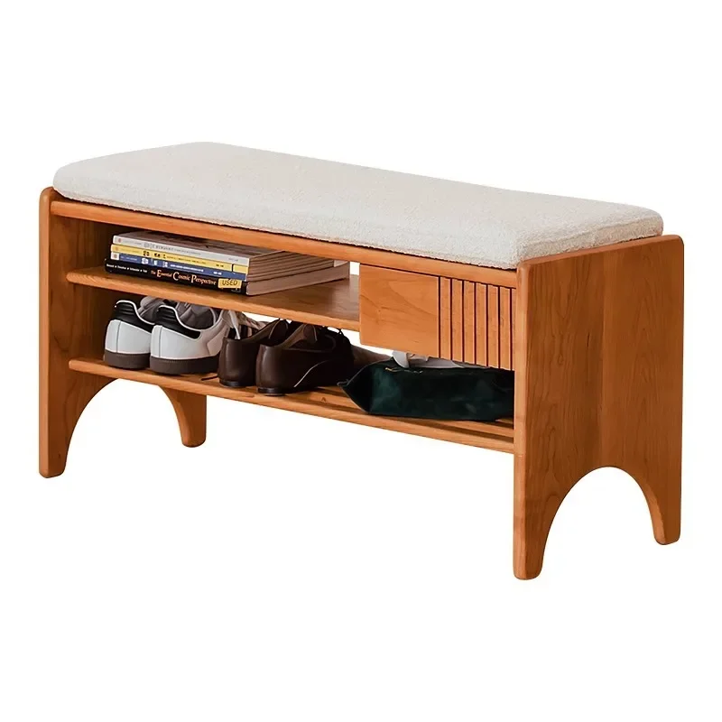 bridge shoe changing stool, solid wood shoe cabinet stool, integrated cherry wood home entrance, shoe stool storage stool