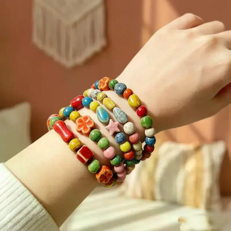 Colorful Ceramic Beaded Bracelet Boho Beach Jewelry Elastic Wristband For Women Handmade