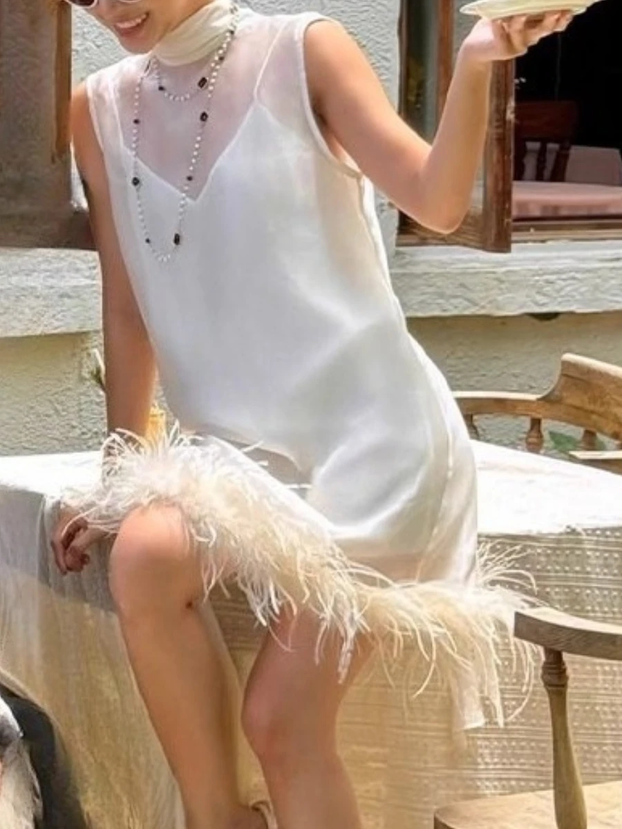 Twotwinstyle solto sheer emendado penas vestidos elegantes para mulheres em torno do pescoço sem mangas casual mini vestido roupas femininas novo