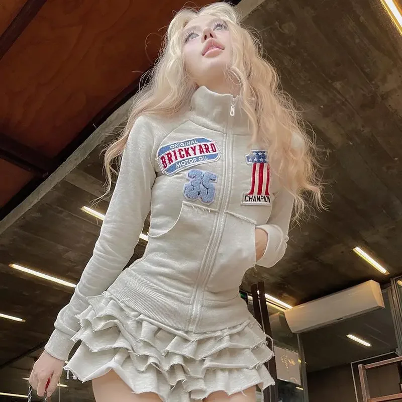 

Sweet Korean Style Gray Letter Patch Embroidered Design Stand Up Collar Cardigan Women Slim Fit Classic Sweatshirts Sports Tops