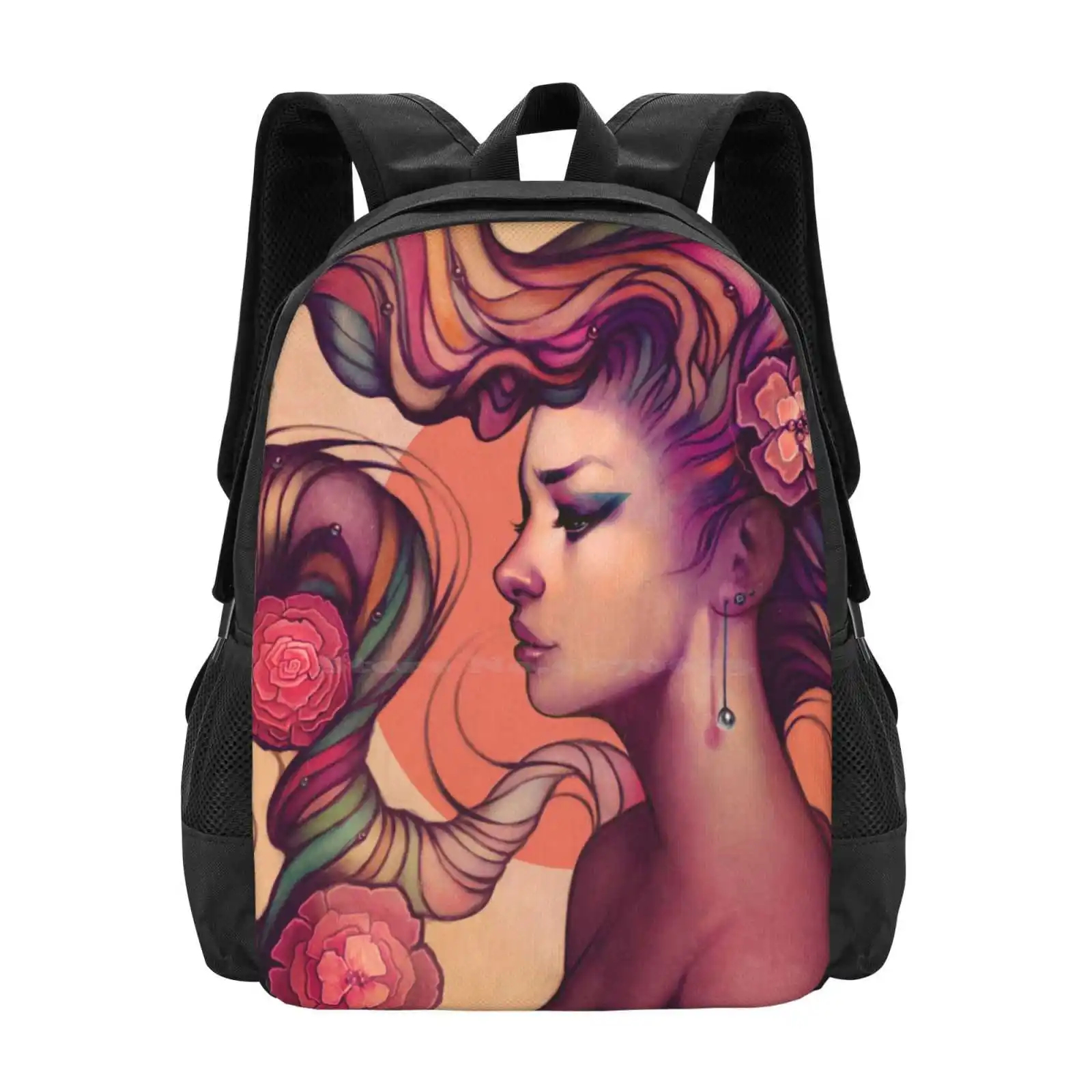 Leah Hot Sale Schoolbag Backpack Fashion Bags Megan Lara Art Nouveau Hair Rainbow Flowers Colorful Girl Woman Leah