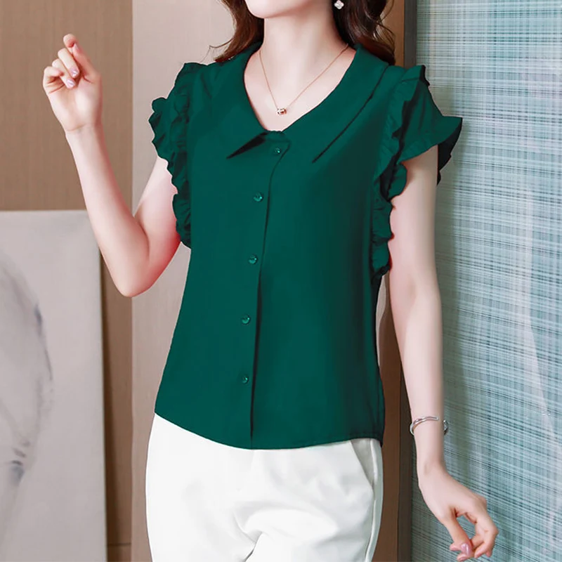 Elegant Fashion Solid Ruffles Buttons Chiffon Shirt Summer 2024 New Peter Pan Collar Short Sleeve Loose Blouse Women\'s Clothing