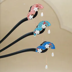 Chinese Style Fan Hairpin For Women Wooden Imitation Pearl Hair Stick Barrettes Vintage Enamel Hairpin Hair Styling Accessories