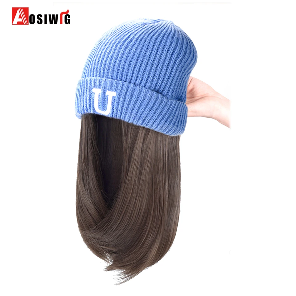 Short Hair Hat Wig Natural Brown Wig Connected With Synthetic Knitting Hat Hair Warm Wig In Winter Adjustable For Women