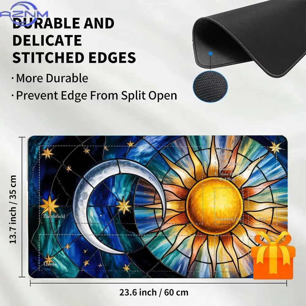 TCG Playmat Stained Glass Sun Moon Galaxy Fantasy Art Zoned Layout  Playmat Anti-Slip Base Magic Card Battle Mat MTG CCG Players