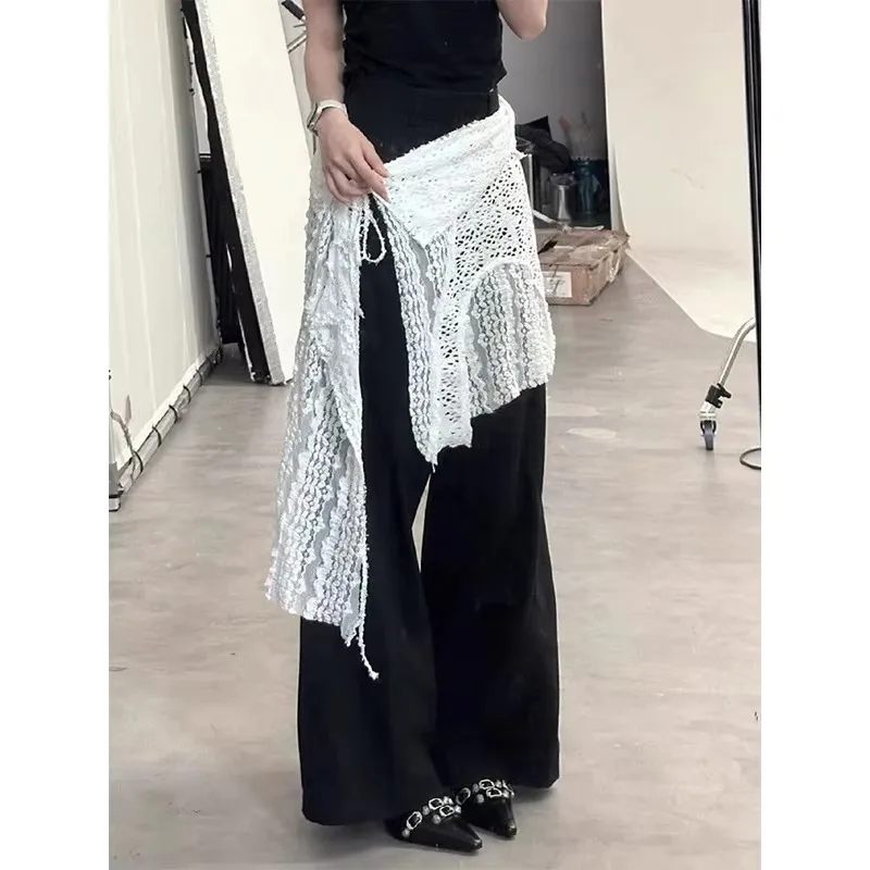 INS 블로거 레이스 레이어드 거즈 스커트, 타이업 스파이시 걸 스택 스커트, Y2K 스트릿웨어 에이프런 랩 스커트, 레이스업 매칭 팬츠