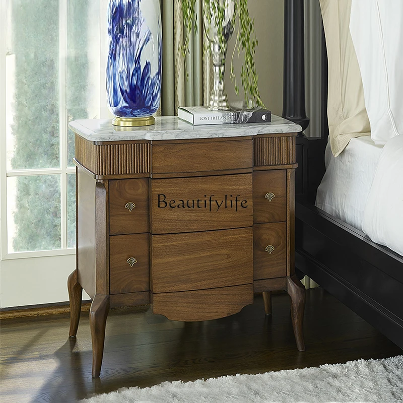 Pure Beautiful Retro Mahogany Solid Wood Villa Bedside Table Multi-Function Charging Marble Top Bedside Chest of Drawers