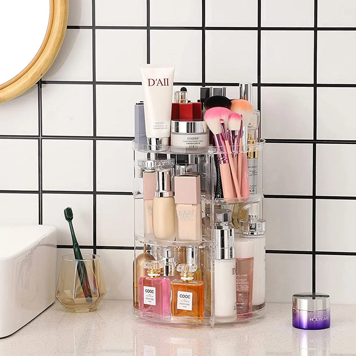 360-Degree Rotating Cosmetic Storage Rack (with Adjustable Shelves) — Heavy-Duty, Power-Free Cosmetic Storage Cabinet, Suitable for Bathroom Vanity, Makeup Table — Perfect Gift for Women (Birthday/Wedding/Holiday) — Beauty Display Cabinet, Vanity Organizer, Crystal-Like Material, Stable Structure, Preferred by Skincare Enthusiasts, Perfume Organizer