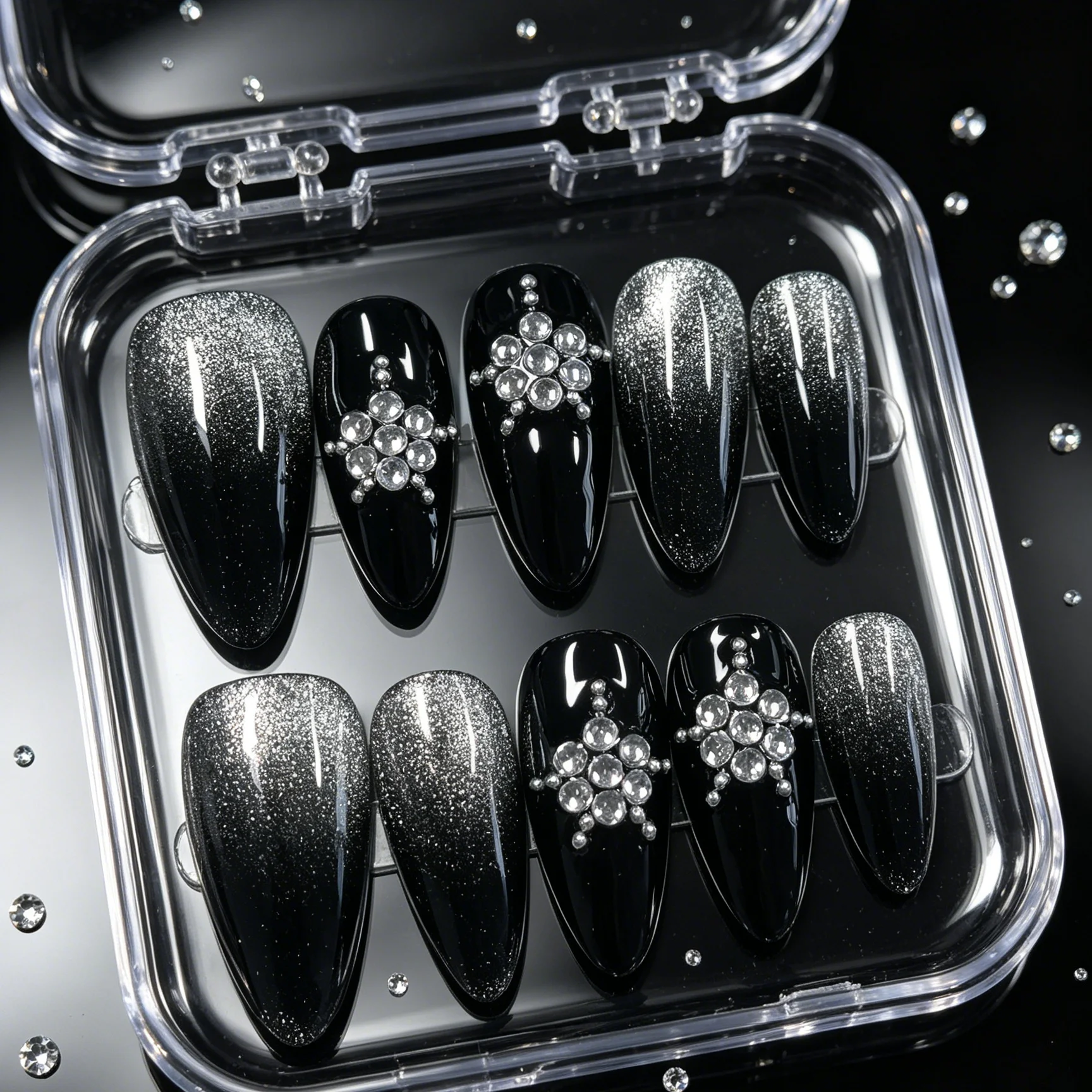 10 hand pressed almond shaped nails, beautiful fake nails, black silver gradient snowflakes, suitable for women to use view 2