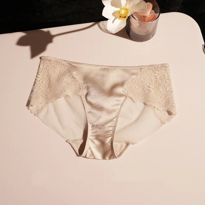 Birdtree 89% التوت الحرير 11% دنة المنشعب سراويل، المرأة منتصف الخصر Traceless تنفس الدانتيل ملخصات، 2025 جديد P58112JF