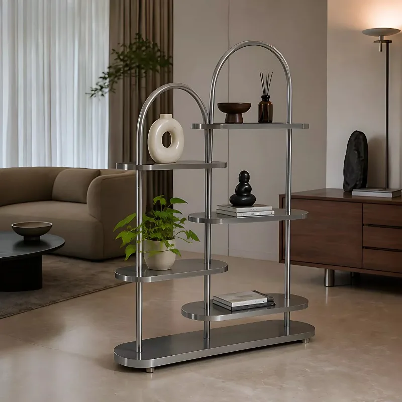 Bauhaus style stainless steel shelves, multi-layer arched bookshelves, living room storage racks, floor-to-ceiling display racks