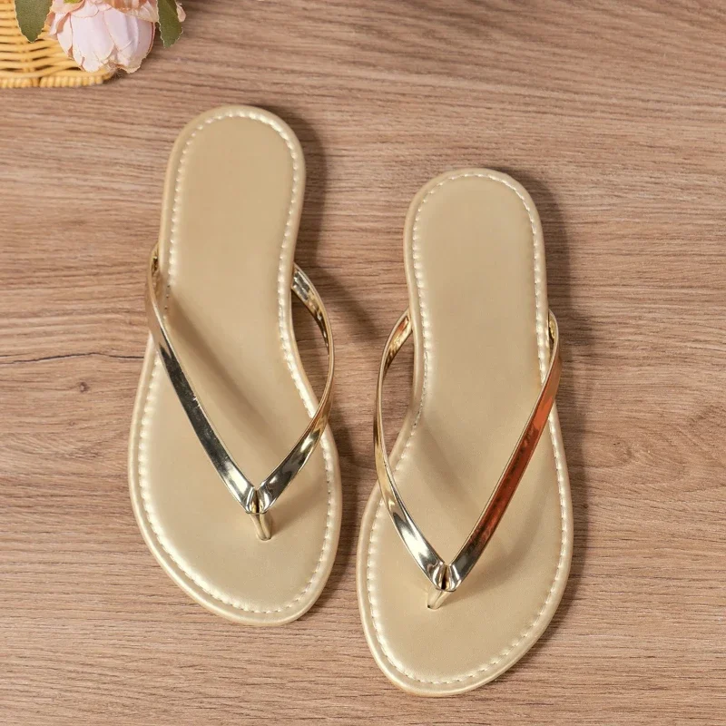 2024 Fashion Solid Color Casual Slippers Summer Comfortable Silver Gold Women\'s Shoes Beach Home Flat Simple Women\'s Slippers