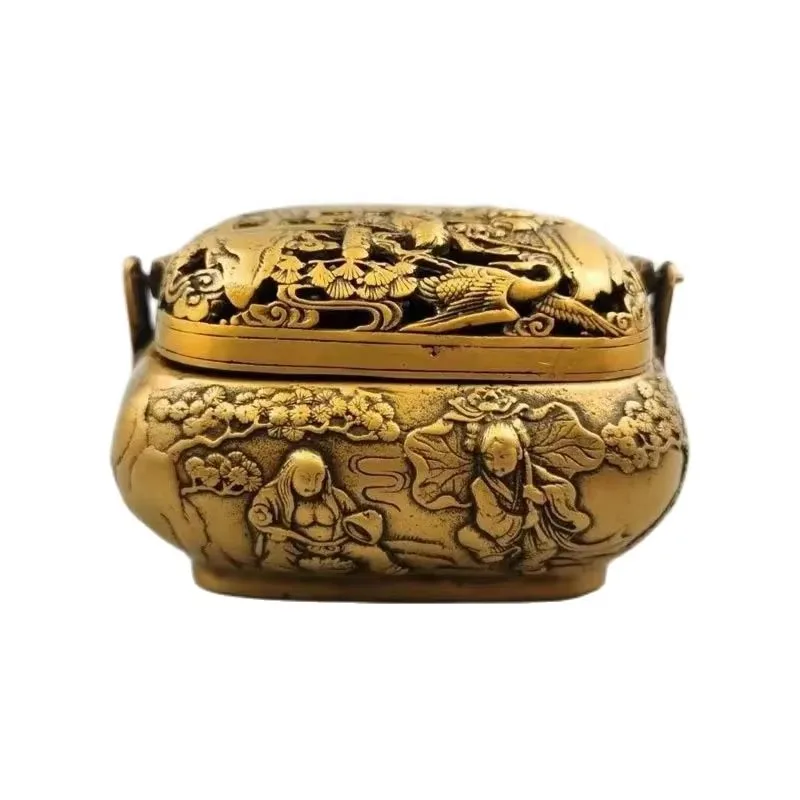 

3.9Exquisite Chinese brass Handmade carving Bat crane Incense burner censer