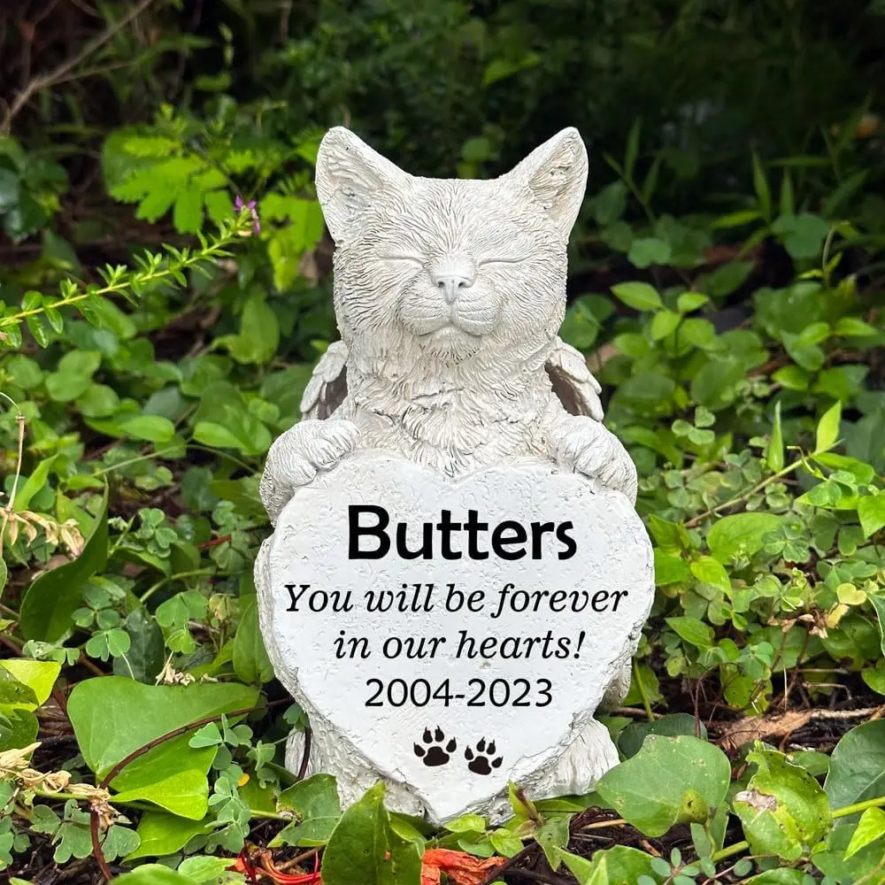 Angel Cat Holding Heart Memorial Stone, Cat Garden Statue Pet Headstone, Custom Pet Grave Markers for Cat, Pet Cat Sympathy Gift