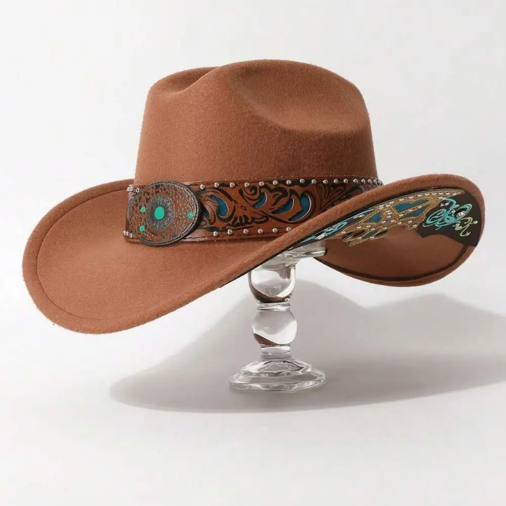 Turquoise Decor Western Cowboy Hat Embossed Band Vintage Cowgirl Hat American Style Retro Party Festival Hat For Women Man