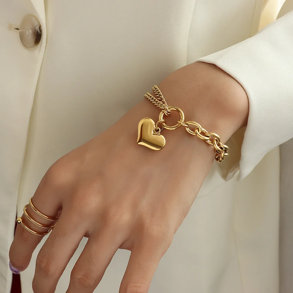 1 Pc Trendy Heart Simple Stainless Steel Gold Color Double Thick Chain Bracelet Women Party Gift Jewelry