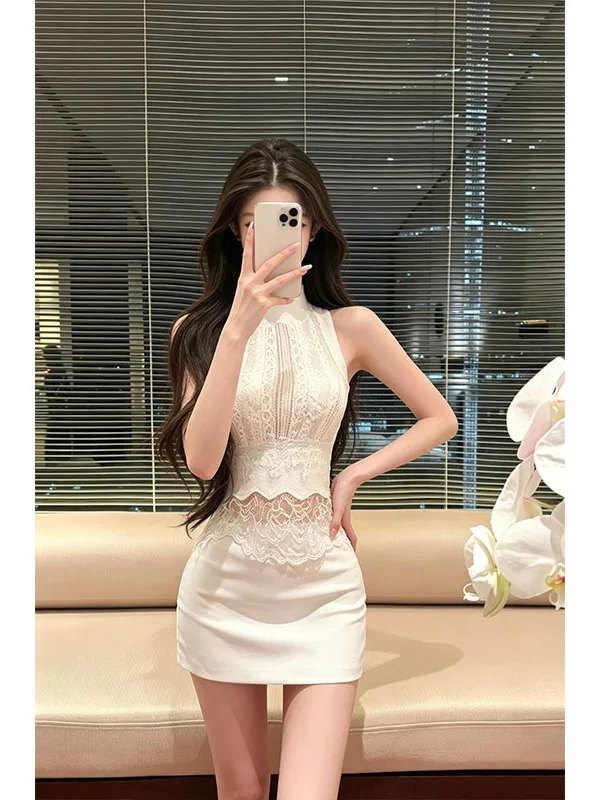 Fashionable Lace Splice Knitted Vest Sleeveless Top with Slimming Wraparound  Skirt Set Transparent Moonlight Style Autum...