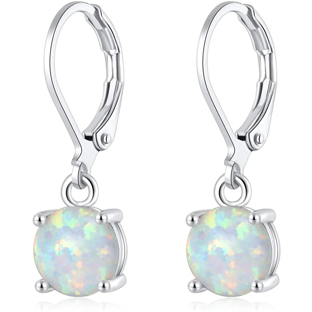 White Opal Leverback Earrings for Women,Hypoallergenic Earrings with Play-of-Color, Minimalist Dainty Everyday Jewelry Gifts