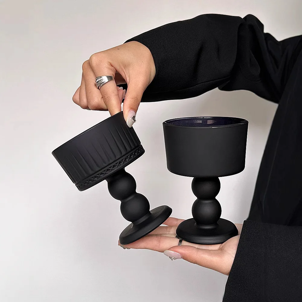 

Vintage Black Frosted Glass Cup,French Vintage High Footed Cups,High-end Wine Glasses,Holiday Gift,Creative Candlestick Ornament