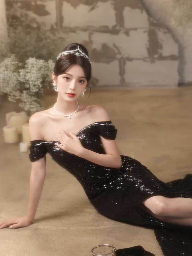 

Ele Bla-oulder Evening Gown for Women Par Host High-End Luxury Sensation Korean Sle Long Dr with Sequins