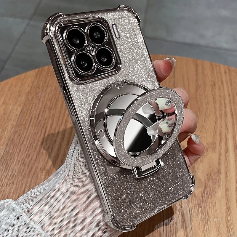 For Xiaomi 14T Pro Case Mirror Glitter Holder Luxury Camera Protection Plating Airbag Soft Silicone Shockproof Bumper Back Cover