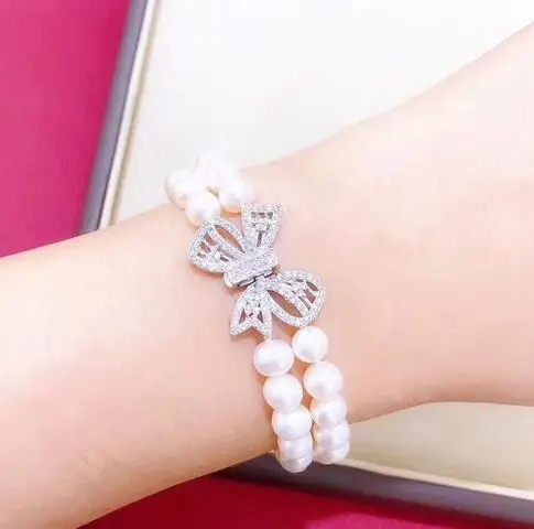 Handmade micro inlay zircon clasp 2row natural 7-8mm white freshwater pearl bracelet