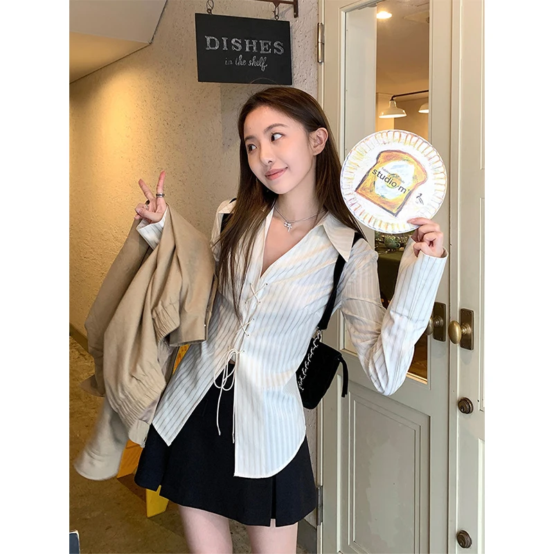 MEXZT Y2K Striped Shirts Women Harajuku Aesthetic Lace Up Blouses Summer Streetwear Korean Fashion Long Sleeve Design Slim Tops