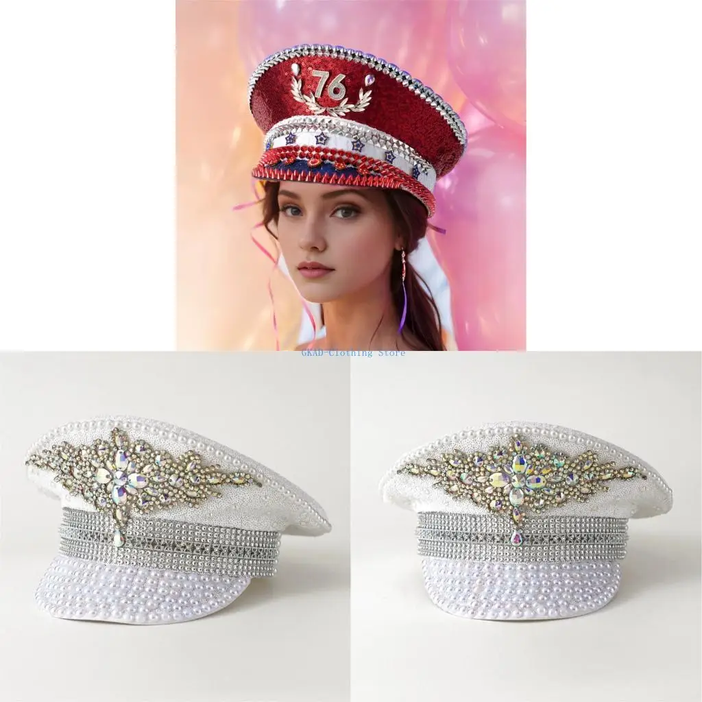 

N0PE драгоценный капитан Hat Pearls Crystal Sailors Hat Stage Actor Concert