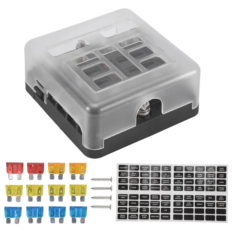 A82U-6-Way Waterproof Fuse Block,With LED Indicator 12 Circuits With Negative Marine Fuse Box For Dc 12/24V Car Boat RV Truck