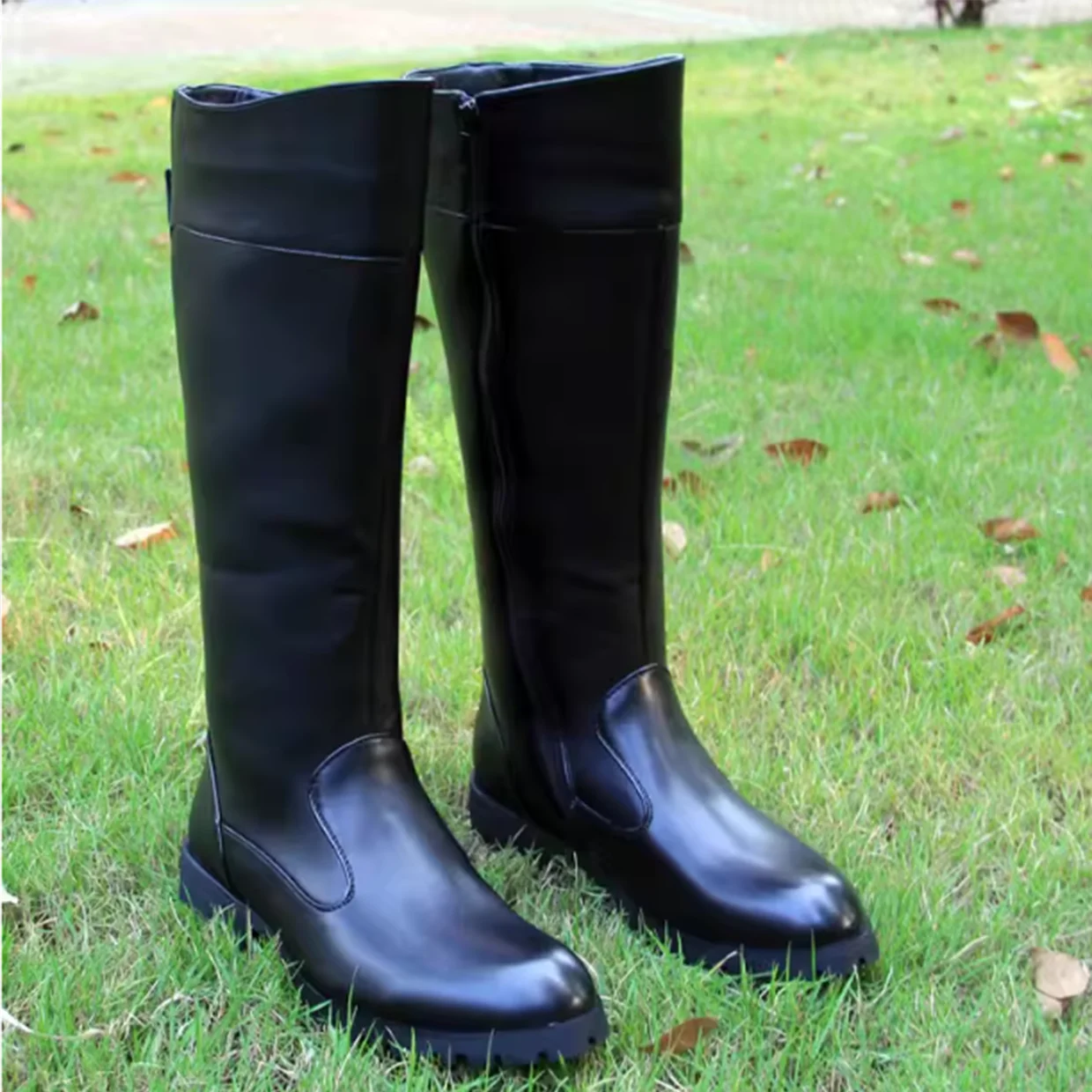 WW2 เยอรมนีทหารรองเท้าเข่าสูงรองเท้าบูทยาวสีดําผู้ชายคุณภาพของแท้รองเท้าหนังอัศวินขี่รองเท้า