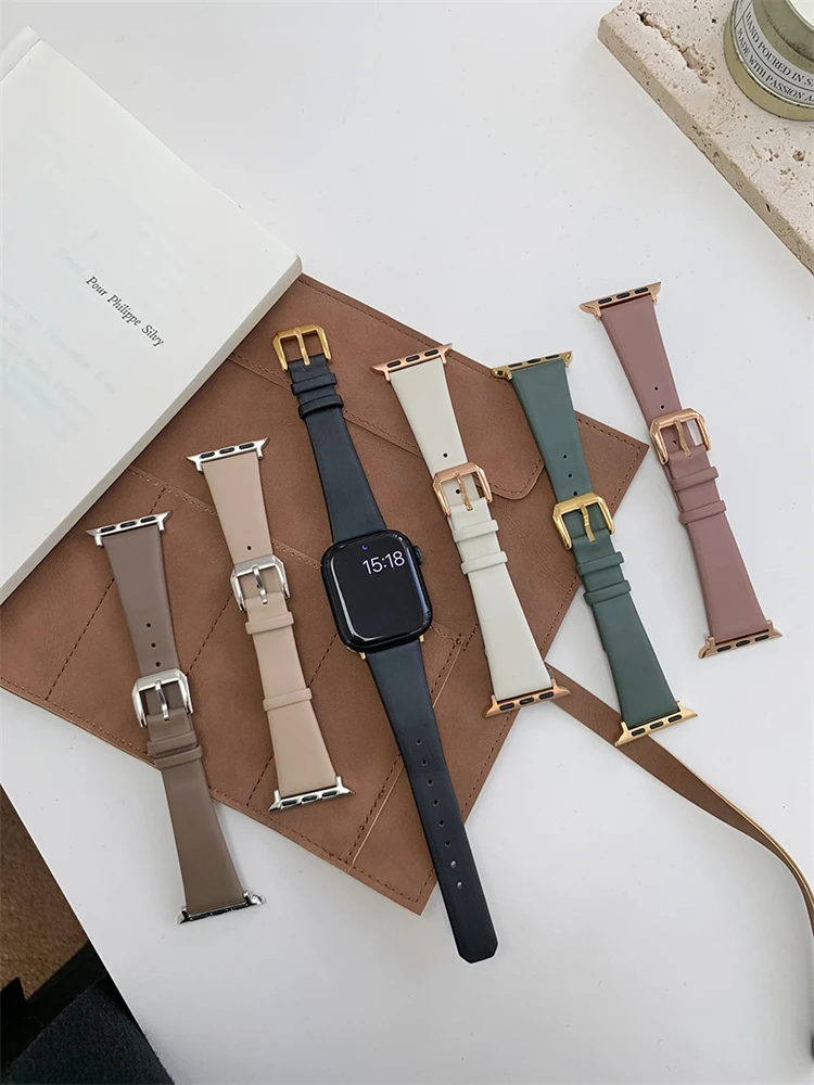 Bracelet en cuir Spun InjLeather pour femme, Apple Watch, 44mm, 40mm, 38mm, 42mm, 45, 49, Slim Band pour iWatch Series 8, 7, 6, 5, 4, 3, 2, SE, Nouveau, Été