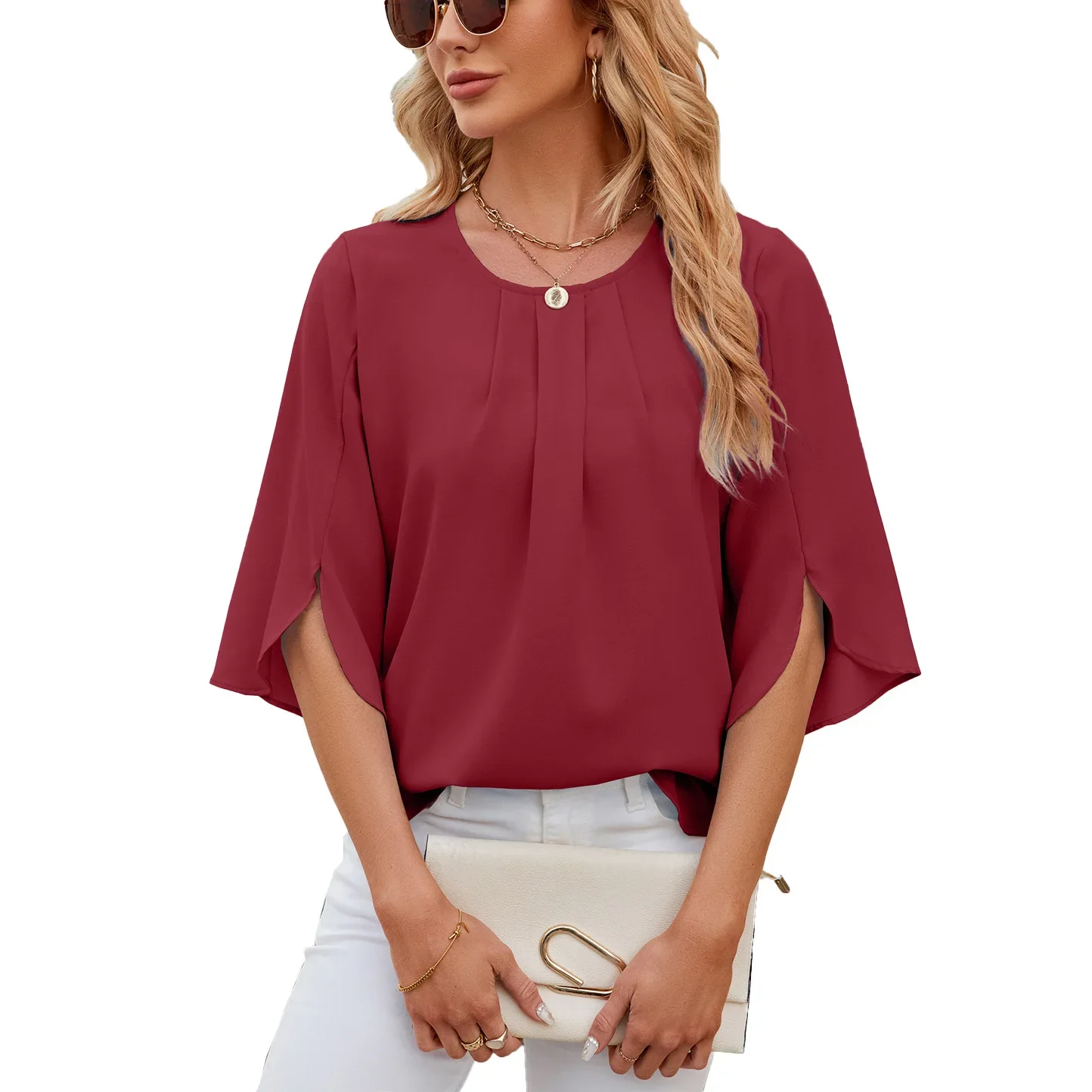 Chiffon Blouse Women Top Solid Color O Neck Loose Pullover Batwing Sleeve Ruffle Shirts Blouse Women Clothing Casual Summer top