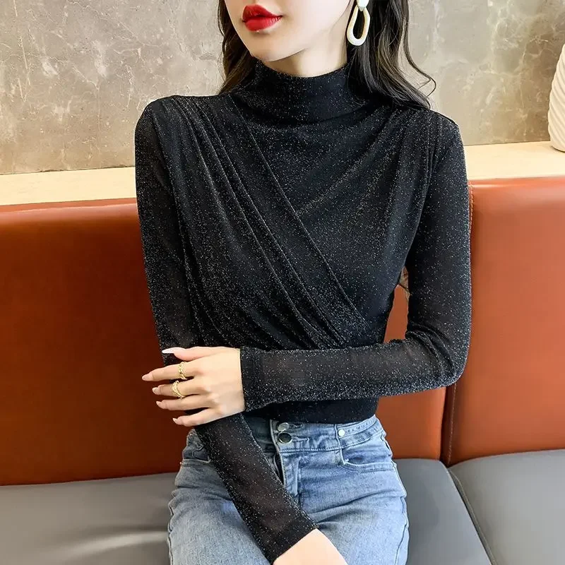 Top Female Slim Elegant Plain Emo Aesthetic Clothing Women's Long Sleeve T-shirt With Sleeves Kpop Polyester Korean Fashion Sale