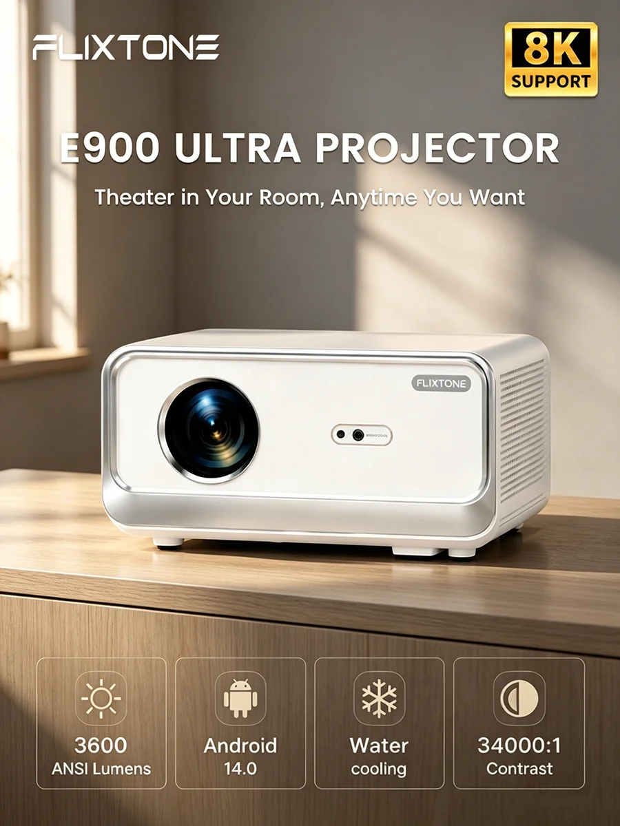 FlixTone E900 Ultra Full HD1080P Projector Supports 8K decoding 3600 ANSI Lumens Android 14.0 Smart TV system HDR10 home theater