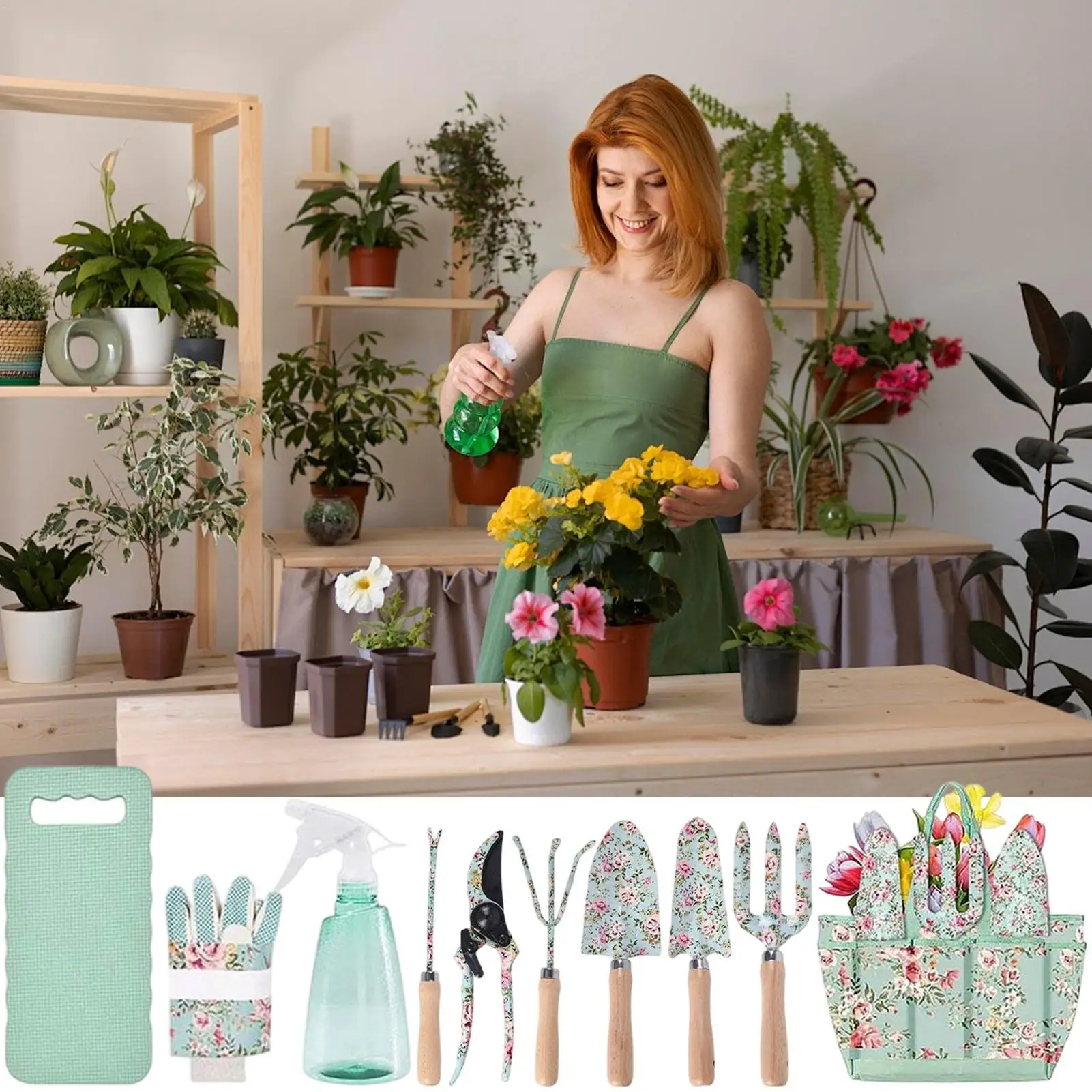 

Набор садовых инструментов с розовым узором, 10 шт., садовый ручной инструмент с цветочным узором и сумкой-органайзером, грабли, прополка, лопата, вилка, перчатки