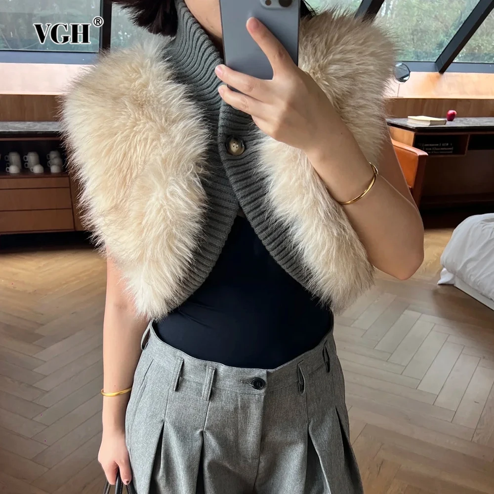 

VGH Streetwear Hot Girl Knitted Vest for Women V Neck Sleeveless Patchwork Fur Korean Kpop Style Waistcoat Female Winter Clothes